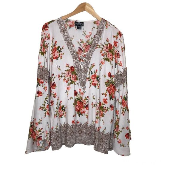 Angie Size S Tunic Top Pullover Tunic Boho Rayon Bell Sleeve Mixed Floral Hippie - Picture 1 of 8